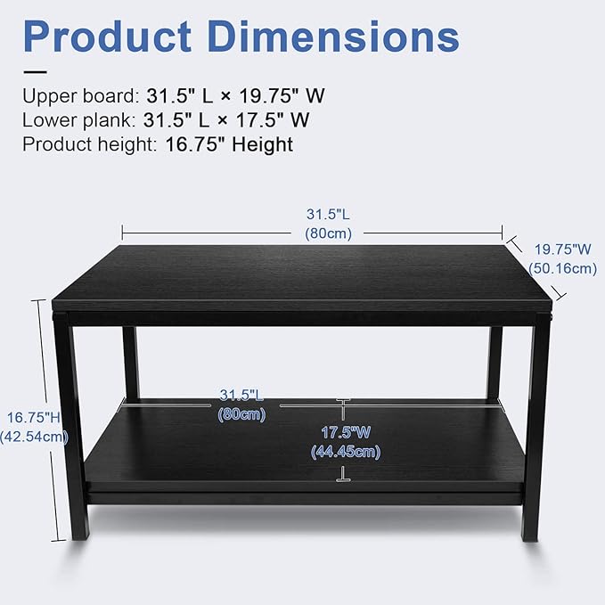 YSSOA 31x20x16 inch Home Table with Storage Shelf for Living Room and Office, Easy Assembly, Black, 2-Tier