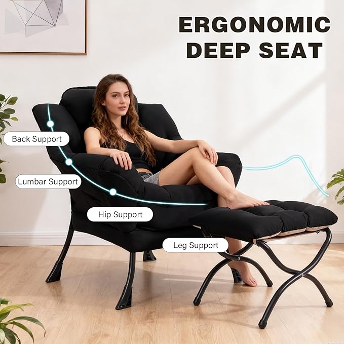 Lazy Chair with Ottoman, Modern Accent Chair Contemporary Lounge Leisure Sofa Chair with Armrests, Reading Chair and Folding Footstool Set for Living Room, Bedroom, Office, Black