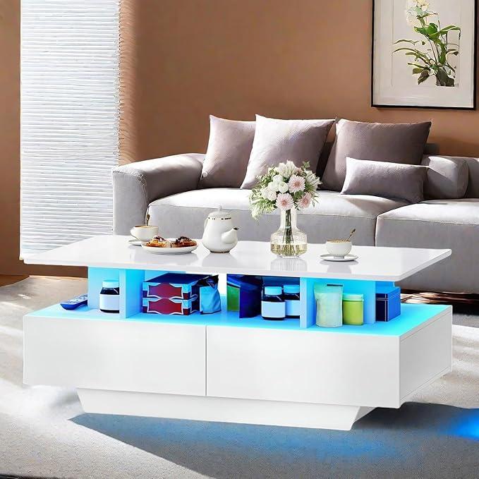 DWVO LED Coffee Table with Storage 4 Drawers, Modern High Glossy Coffee Tables for Living Room, White Rectangle Coffee Table Small Center Table with Open Display Shelf & Sliding Drawers, White