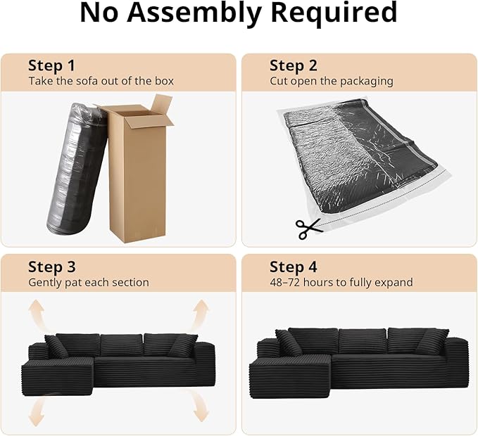LUCKLIFE 108" Modular Sectional Couch with L-Shape Chaise,Corduroy Upholstery Boneless Couches for Living Room,Oversized Sleeper Sofa,No Assembly Required (Black, L Shape with Left Facing Chaise)