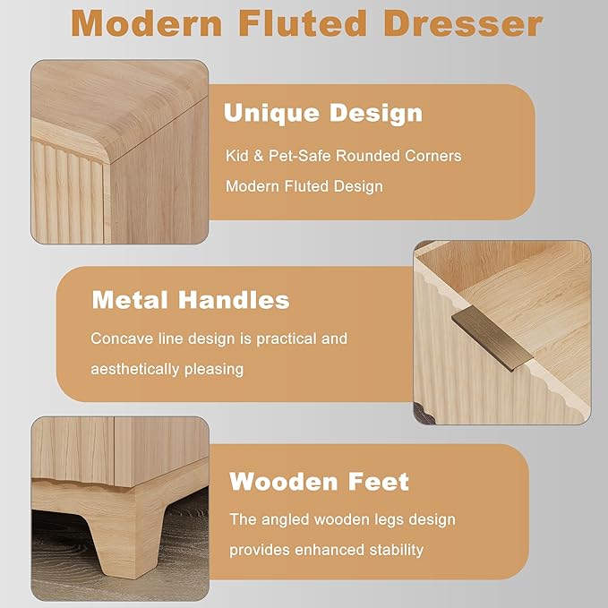 3 Piece Bedroom Furniture Set 7 Drawer Fluted Dresser & 2 Nightstand Sets with Metal Handle, Charging Station & Storage Cabinet, Modern Design for Bedroom/Living Room, Natural