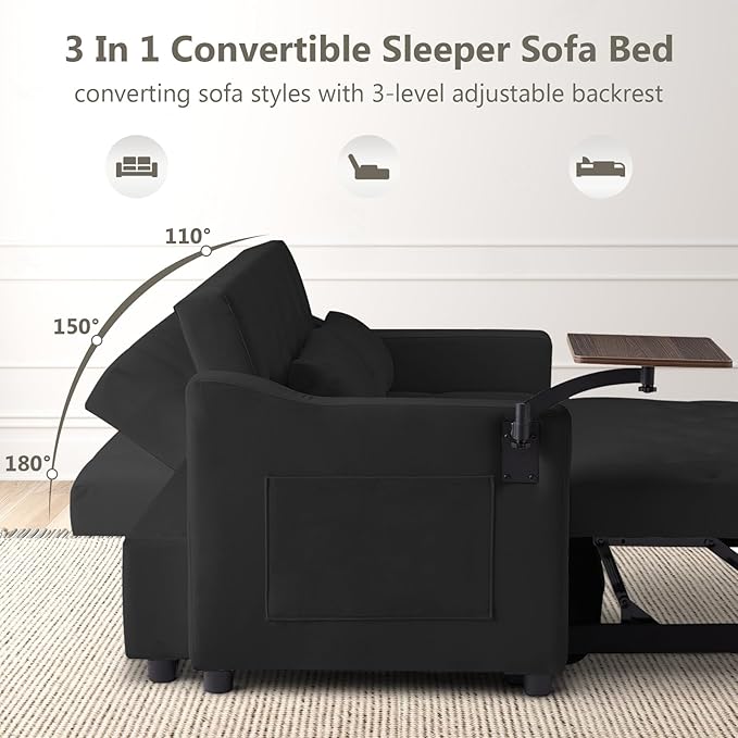 3-in-1 Convertible Loveseat Sleeper Sofa Bed with Adjustable Backrest (3 Positions) and 360° Swivel Side Table, Pull-Out Couch for Small Apartments & Guest Rooms, Jet Black