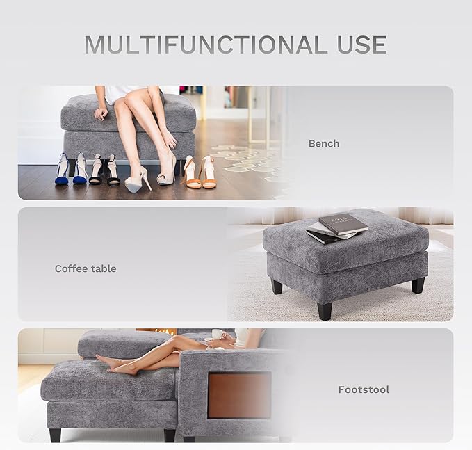 118" U-Shaped Sectional Couch, 4-Seat Modular Sofa with USB Type C Ports, 2 Ottomans and Foldable Side Table, Grey for Living Room