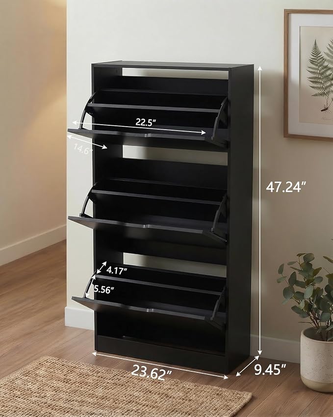 Slim Shoe Cabinet with 3 Flip Drawers, Narrow Shoe Storage Cabinet, Hidden Shoe Organizer for Entryway, Freestanding Shoe Rack for Hallway Living Room(Black, 3 Drawers) - Image 2