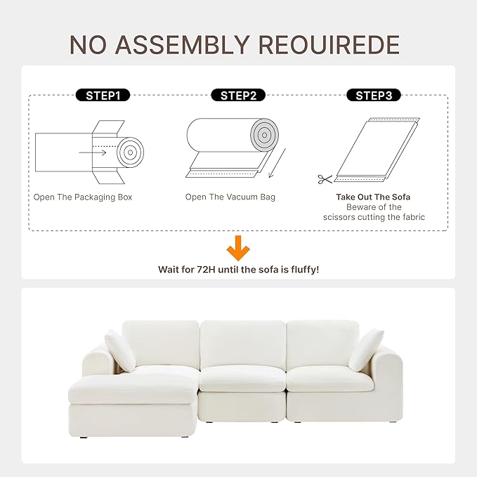 108" Boneless Cloud Couch Sectional No Assembly Required Modular Sofa with Deep Seat for Living Room L Shaped Couch with Ottoman Snowflake Fabric and Memory Sponge White