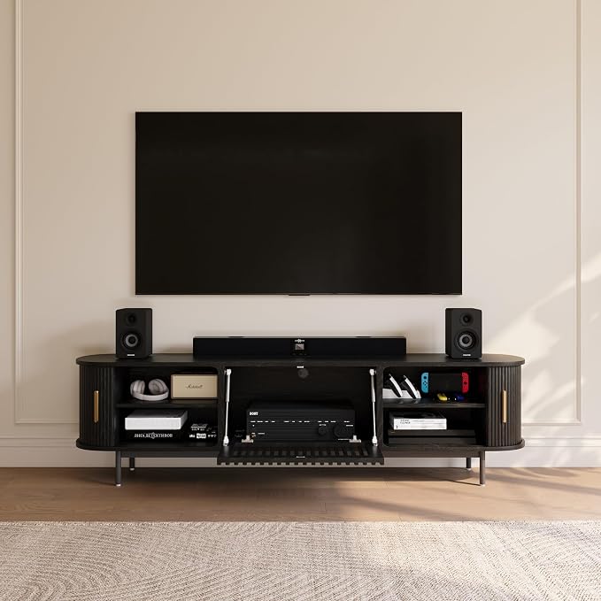POVISON Fully-Assembled Mid Century Modern TV Stand, Sliding Tambour Door Entertainment Center with Storage, Wood TV Console, Media Console for Living Room Bedroom(Black, 78.74") - Image 2