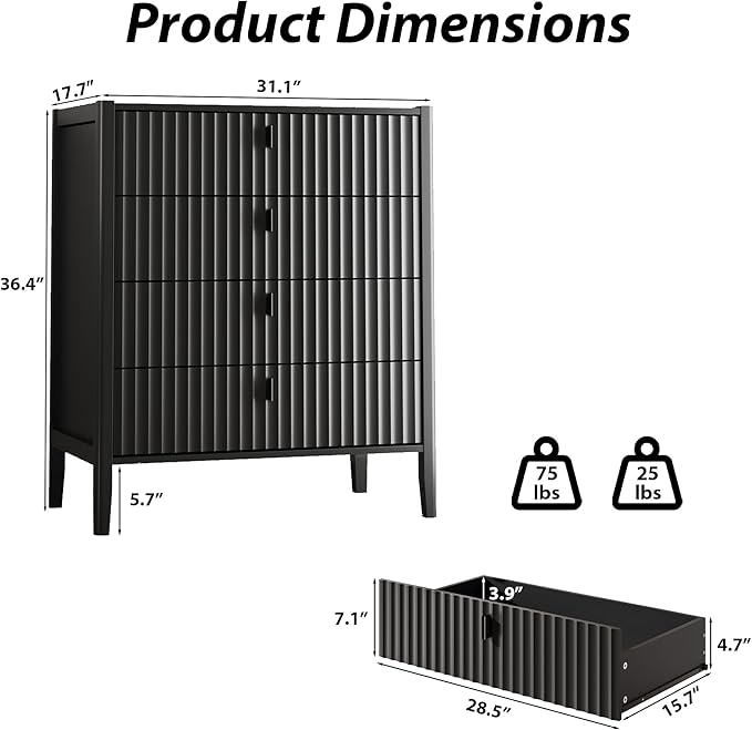MAISONARIA 3-Piece Dresser Bedroom Set, 4 Drawer Dresser & 2 Drawer Nightstands with Metal Handles, Fluted Wood Chest of Drawers for Bedroom, Living Room, Entryway, Black