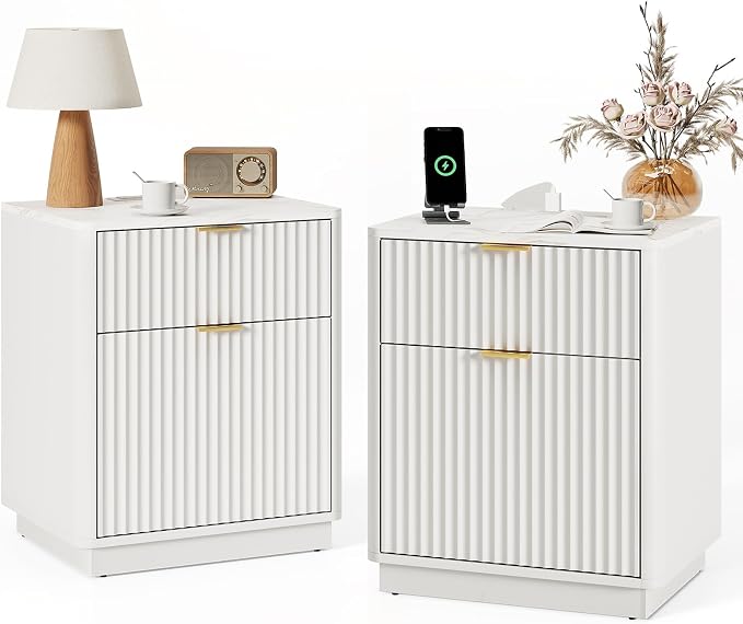 24” Tall Nightstand - Fluted Night Stand with Charging Station Faux Marble Top Bedside Table with Curved Profile Design for Bedroom/ 2 Drawer, White - Image 6