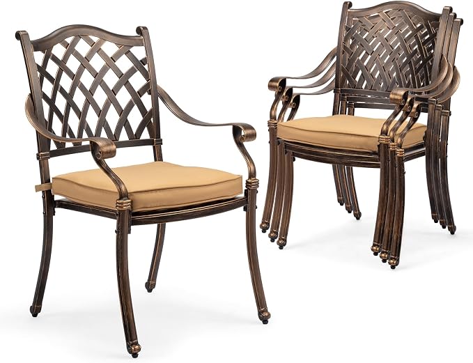 VINGLI Patio Chairs Set of 4- Stackable Outdoor Cast Aluminum Dining Chairs with Vintage Bronze Finish and Diamond Pattern, Metal Armchairs for Poolside, Backyard, Balcony (with Cushion) by VINGLI