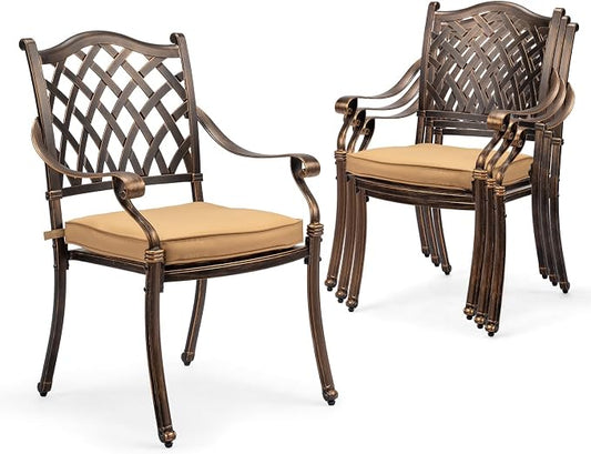 VINGLI Patio Chairs Set of 4- Stackable Outdoor Cast Aluminum Dining Chairs with Vintage Bronze Finish and Diamond Pattern, Metal Armchairs for Poolside, Backyard, Balcony (with Cushion) by VINGLI