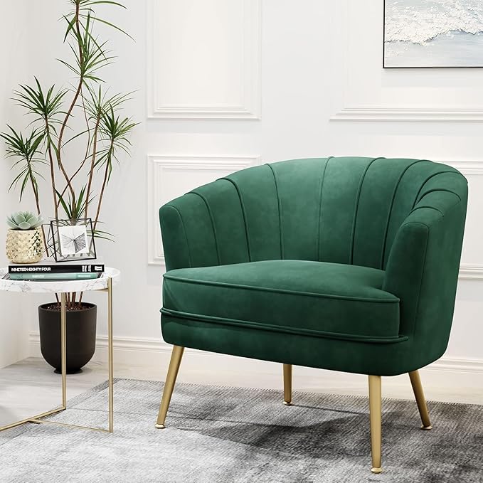 Andeworld Velvet Accent Chair Set of 2, Upholstered Modern Single Sofa Side Chair,Comfy Barrel Club Living Room Armchair with Golden Metal Legs for Bedroom Living Reading Room Office, Green