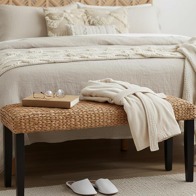 End of Bed Bench for Bedroom, 47" Entryway Bench with Solid Wood Acacia, Water Hyacinth Indoor Bench Seat, Boho Woven Bench for Living Room, Wicker Bench for Hallway or Kitchen, Wood Bench (Black Leg) - Image 4