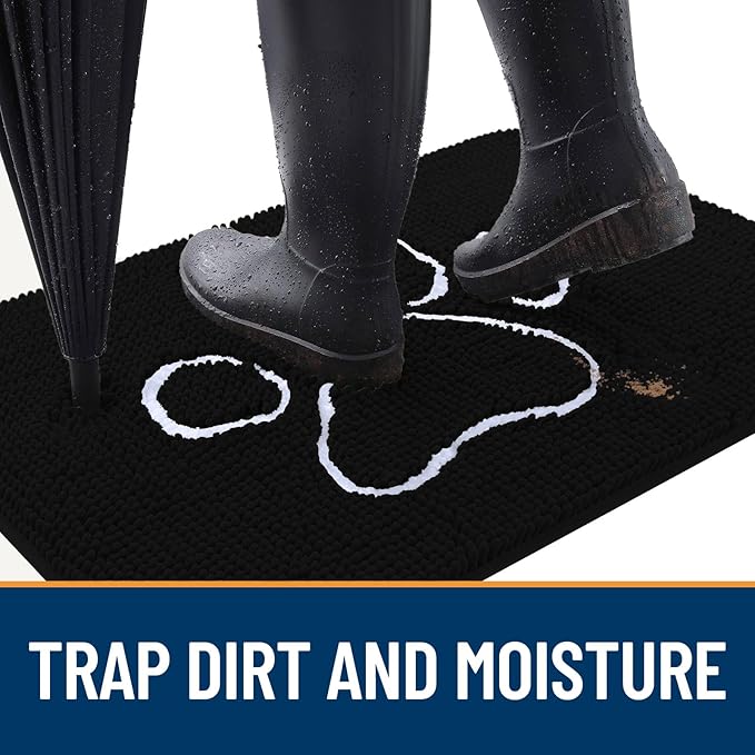 OLANLY Dog Door Mat for Muddy Paws 47x17, Paw Print Design, Absorbs Moisture and Dirt, Absorbent Non-Slip Washable Doormat, Quick Dry Chenille Mud Mat for Dogs, Entry Indoor Entryway Carpet, Black - Image 2