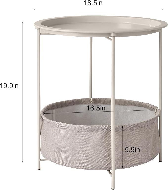 VECELO Round Side/End Table with Fabric Storage Basket，Metal Anti-Rust and Waterproof Small Bedside Nightstand with Removable Tray Top for Living Room，Balcony & Laundry，Grey /2pcs with Basket - Image 3