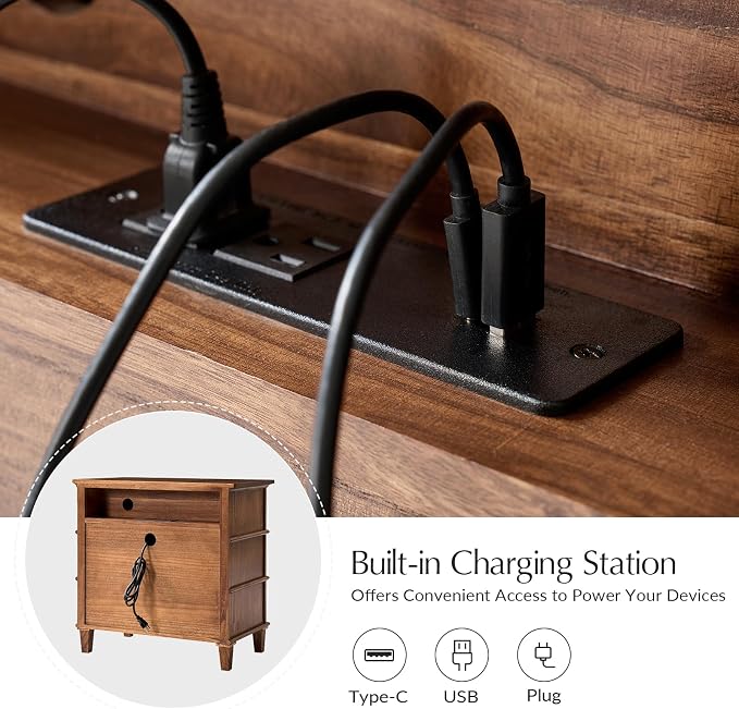HULALA HOME Farmhouse End Tables Set of 2 with 3 Drawers, Paulownia Solid Wood Side Table with Vintage Knobs, Ancient End Table with Charging Station, Easy Assembly, Cherry - Image 4