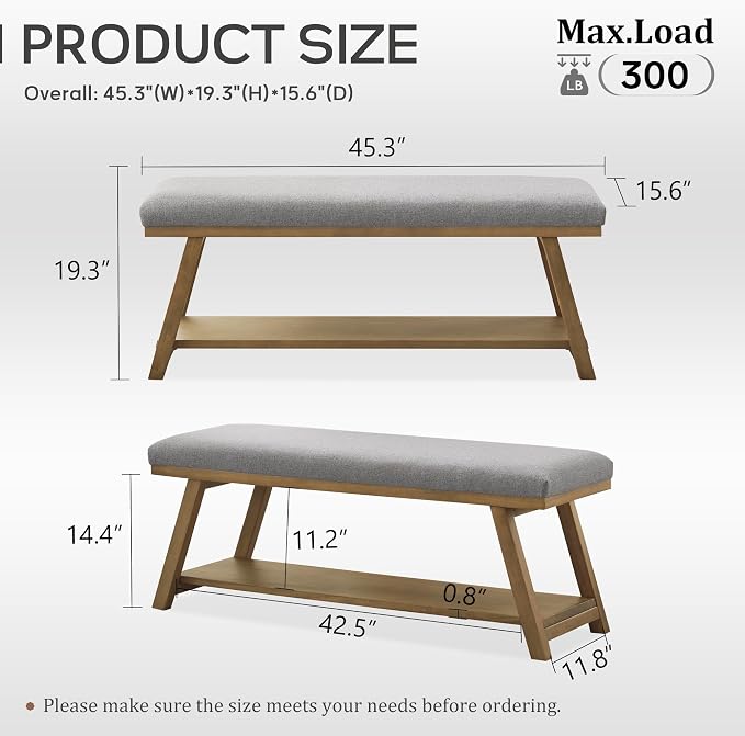 Zihanhome 45" Entryway Bench Upholstered Storage Bench for Bedroom Shoe Rack Bench for Living Room, Hallway, Mudroom, Balcony, Sturdy Indoor Bench Seat Holds Up to 300 lbs (Grey) - Image 2