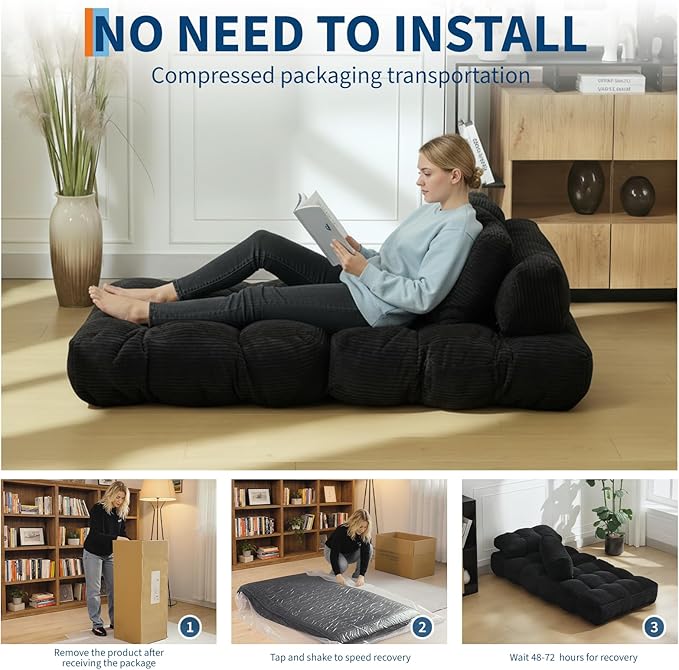 Folding Sofa Bed, Convertible Sleeper Chair with Pillow Foldable Matress with Back Support, Portable Fold Out Chair Bed Comfy Floor Sofa Lounge for Living Room Bedroom, Black, Single