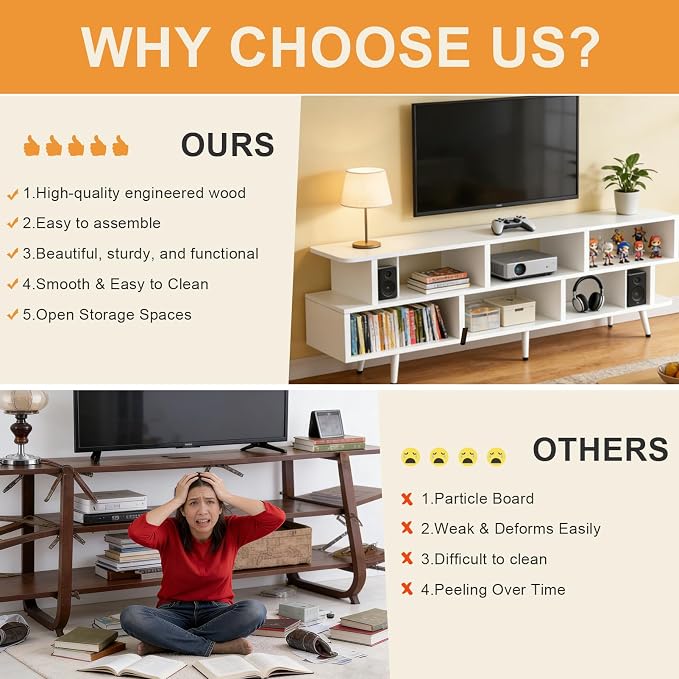 Lightdot 65 Inch TV Stand, up to 75 Inch TVs, Large Storage for Collection with 8 Open Shelves, Sturdy Media Console Table for Living Room/Entrance/Kitchen/Sofa Cabinet, Easy Assembly, White - Image 7