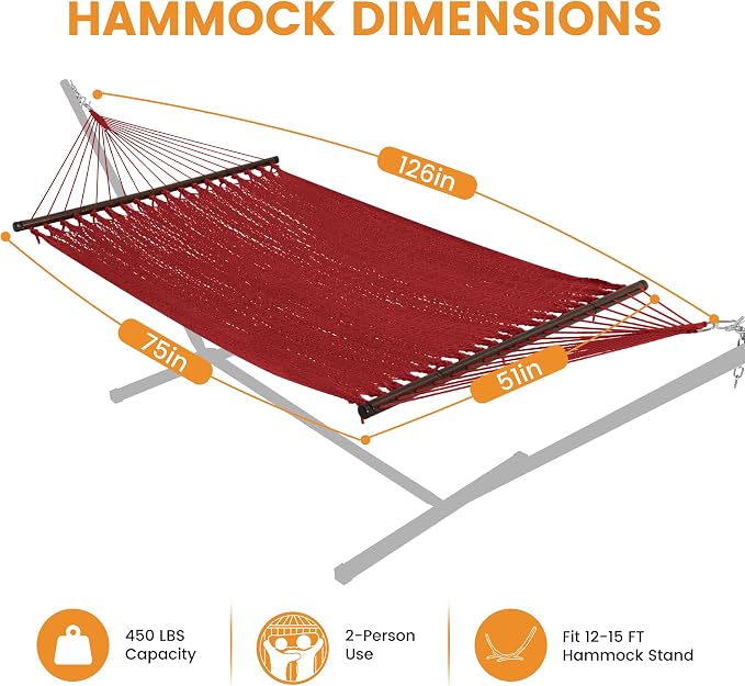 Lazy Daze Hammocks 10.5 FT Double 2 Person Caribbean Rope Hammock, Hand Woven Polyester Hammock with Spreader Bars, for Outside Outdoor Backyard Patio Poolside, 450 LBS Capacity, Red - Image 6
