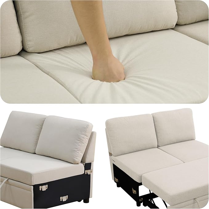 102 Inch Pull Out Couch, Convertible Sofa Bed for Living Room, Comfortable Sleeper Sofa with Pull Out Bed, Modern Sectional Couches with Ottoman Storage, Easy Assembly for Apartment, Off-White