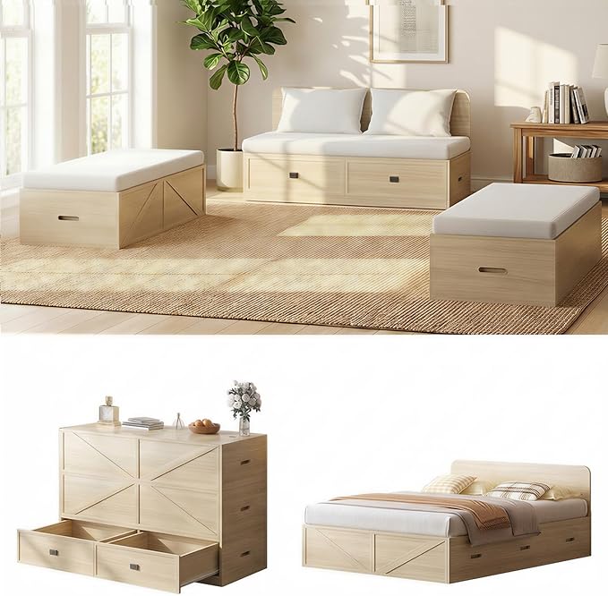 CECER Full Size Murphy Bed with Mattress Include，Murphy Bed Full with Storage Drawers，Multi-Functional Desgin that Converts to Sofa Set for Small Spaces/Guest Room/Bedroom（Natural Wood）