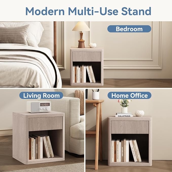 DUMOS 22.7" Modern Night Stand with Drawer and Open Shelf, Mid Century Bedside Table for Bedroom, Wood End Table with Fluted Front, Sturdy Compact Sofa Side Table, White Oak - Image 6