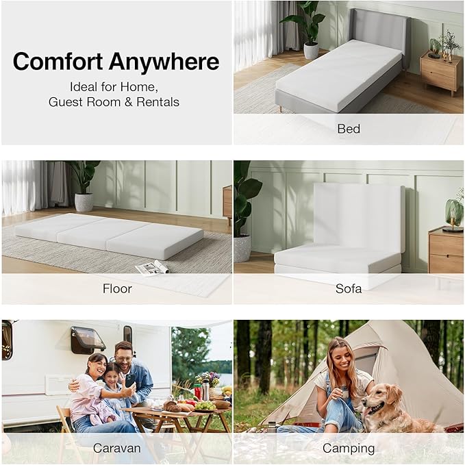 Novilla Foldable Mattress, Single Size Comfort Foam Trifold Mattress with Cloud Design Cover, 4 Inch Folding Mattress for Back Pain Relief, Suitable for Camping, RV Travel, 75"x25"x4"