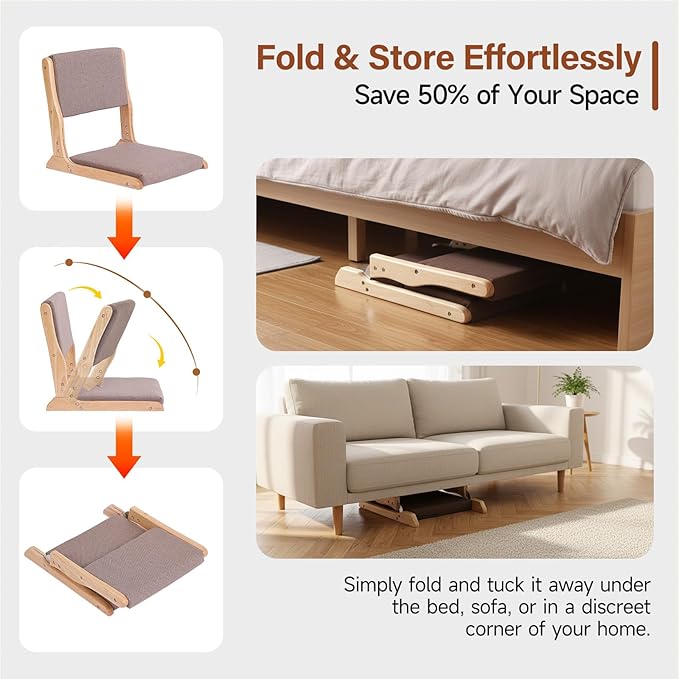 Tiita 2Pcs Floor Games Chair, Foldable Meditation Tatami Chairs, Backrest Chair with Cushion, Living Room Chair Seat, Wood Grey