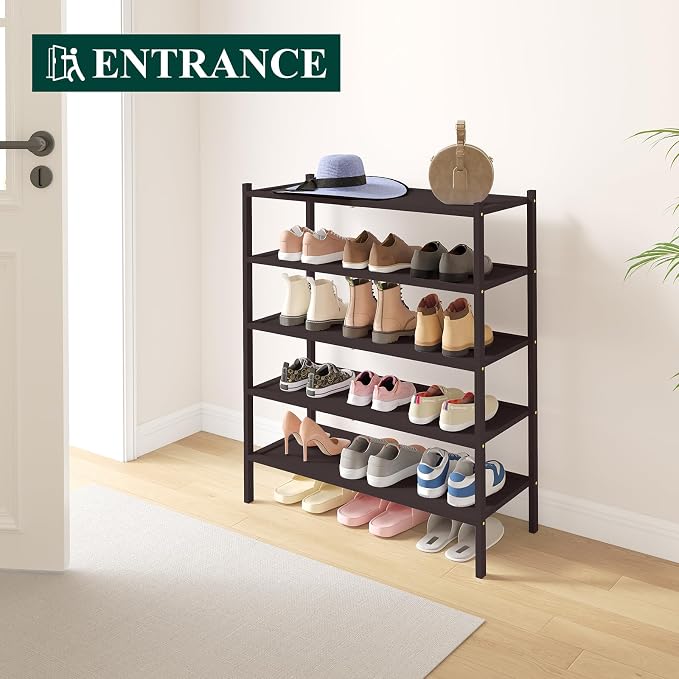 Smiry Bamboo Shoe Rack, 5 Tier Shoe Organizer for Entryway & Closet, Stackable Free Standing Storage Shelf for Shoes, Bags & Plants, Brown - Image 6