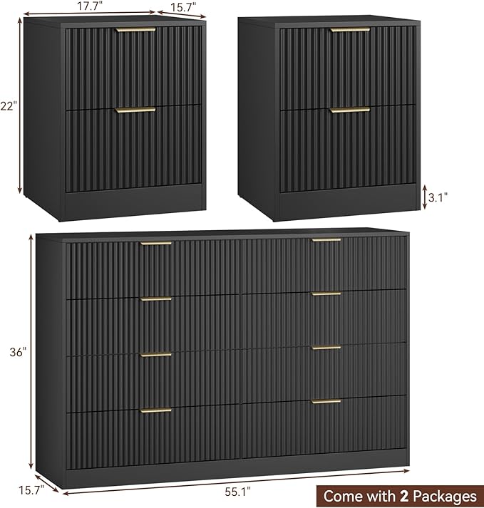 8 Drawer Dresser & Nightstand Set 3-Piece, 55” Wide Fluted Black Dresser and Night Stand Set of 2 with Metal Handle, Modern Wood Chest of Drawers Storage Dressers Set for Bedroom, Black