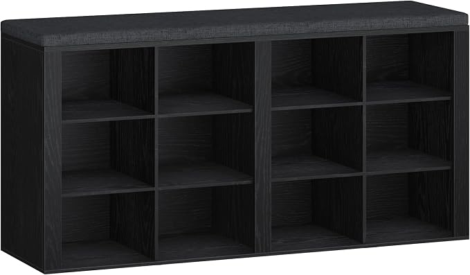 Hzuaneri Shoe Bench with Cushion, Entryway Storage Bench with 12 Cubbies, Cubby Shoe Rack with Adjustable Shelves, Shoe Organizer Cabinet for Living Room, Bedroom, Entryway, Black SB19004GY - Image 9