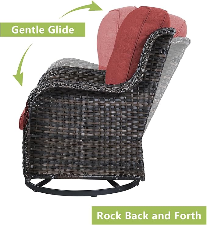 Rilyson Wicker Rocking Chair Swivel Chairs – 6 Piece Rocker Patio Furniture Set Rattan Rocking Bistro Sets with Glass Top Side Table for Outdoor Porch Deck Garden Backyard(Brown/Red)