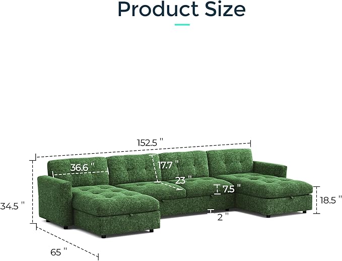 152" Oversized Modular Sofa with Storage, U Shaped Sectional Couch with Chaise and Adjustable Armrest, Comfy Chenille Cloud Couches for Living Room Apartment, Green