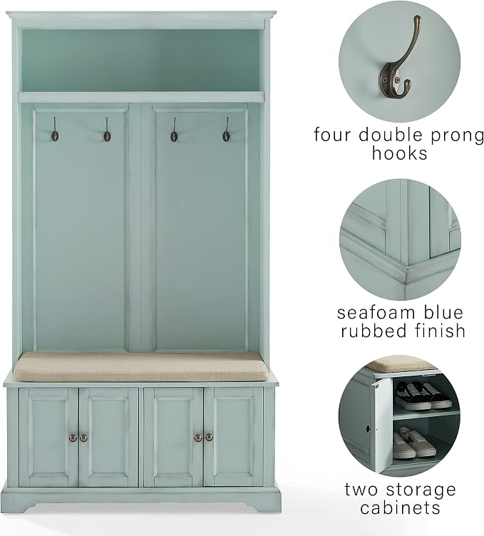 Crosley Furniture Holbrook Hall Tree with Shoe Rack Bench and Coat Hooks for Hanging Storage, Distressed Seafoam Blue - Image 5