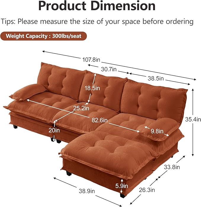 108" Oversized L Shaped Modular Sectional Sofa with Reversible Ottoman, Comfy Chenille Upholstered Cloud Couch 4-Seater Sofa Set for Living Room, Apartment, Office | Free Combination, Tufted
