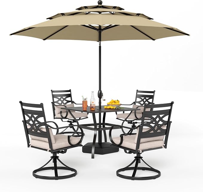 PHI VILLA Outdoor Patio Dining Set for 4 with 10ft 3-Layer Auto-tilt Round Umbrella(Beige),Includes 4 Outdoor Swivel Chairs with Cushions and a Metal Square Table, Perfect for Garden, Lawn, or Deck - Image 9