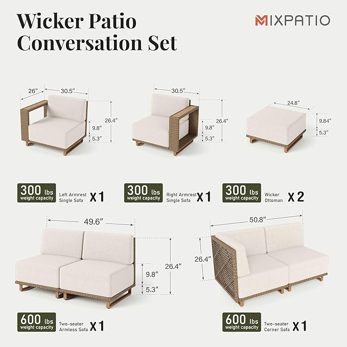 8 Pieces Outdoor Patio Furniture Set, Wicker Rattan Modular Sofa Couch, Sectional Patio Conversation Set with 10" Extra Thick Cushions for Deck Backyard Lawn