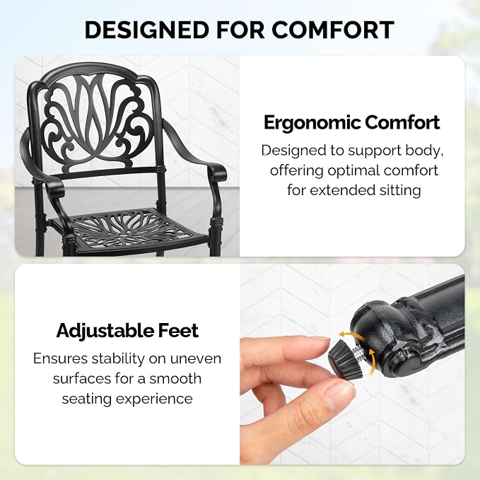 VINGLI Patio Chairs Set of 2 - Stackable Outdoor Cast Aluminum Dining Chairs with Vintage Black Finish and Floral Pattern, Metal Armchairs for Poolside, Backyard, Balcony (No Cushion) - Image 5
