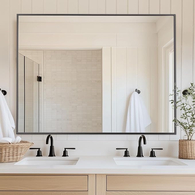 Antok 48x30 Black Metal Framed Bathroom Mirror, Wall Mirror with Rect Corners, Vanity Mirror for Over Sink, Anti-Rust Tempered Glass, Horizontal/Vertical Hanging for Bathroom, Living Room, Entryway by AntokMirror