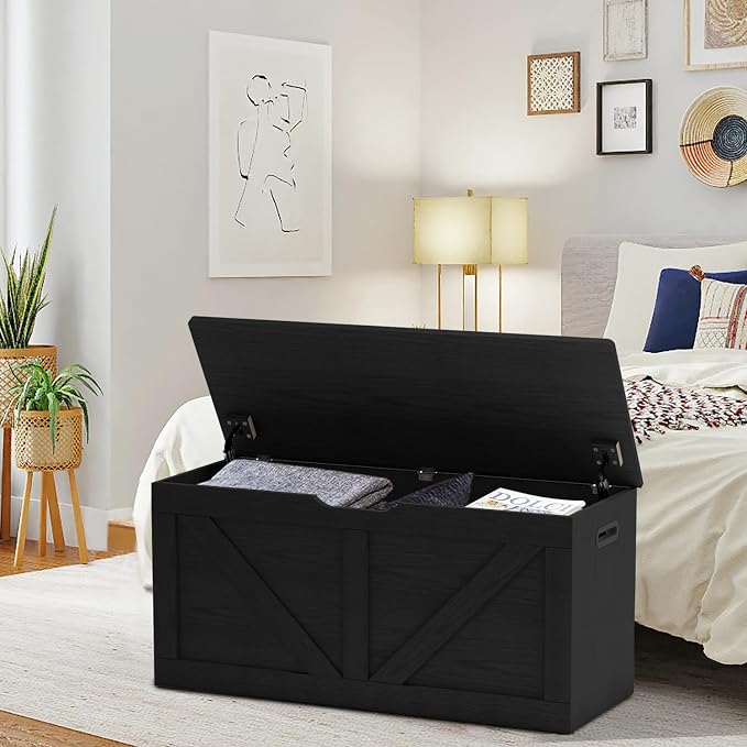 Timberer 39.4" Storage Chest, Wooden Storage Bench, Large Storage Trunk with 2 Safety Hinges, Entryway Shoes Bench for Living Room, Bedroom, Black - Image 7