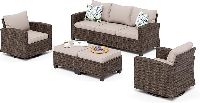 Swivel Glider Patio Furniture Set Outdoor Furniture Brown Wicker Rattan Patio Conversation Sets with Cushion Outside Sofa Set,5 Pieces 7 Seats,Beige