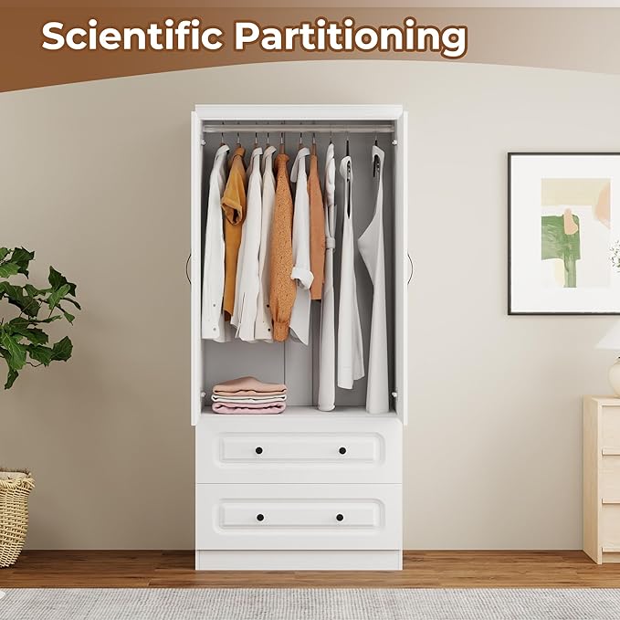 Armoire Wardrobe Closet with 2 Doors, White Cabinet with 2 Drawers and Clothes Storage Organizer, Modern Style with Hanging Rod Shleves Suitable for Bedroom(32" W x 20.5" D x 70.87" H)