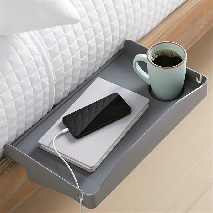 Modern Innovations Bedside Shelf for Bed, College Dorm Room, Bunk Bed Shelf for Top Bunk, Clip On Nightstand Tray with Cord and Cup Holder, Bunkbed Caddy for Table Storage (Dark Gray) by ModernInnovations