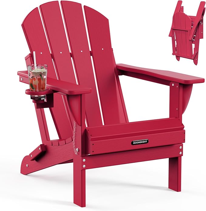 MUCHENGHY Folding Adirondack Chairs, Patio Chairs, Lawn Chairs, Outdoor Chairs, Adirondack Chair Plastic, Fire Pit Chairs, Weather Resistant with Cup Holder for Deck, Backyard, Garden(Red) by MUCHENGHY
