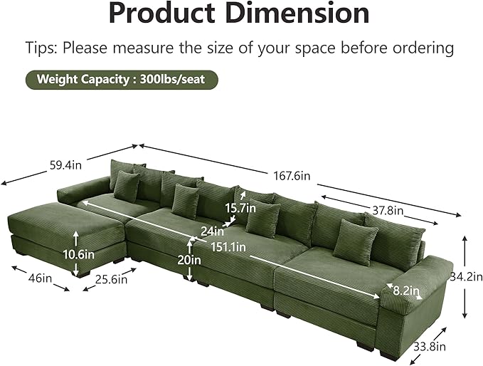 KEIKI 168" L-Shaped Oversized Corduroy Modular Cloud Sectional Sofa with 1 Ottoman, High-Density Foam Cushion, Extra-Thick Armrest, 4-Seater Fluffy Corner Couch with 12 Pillow, for Living Room, Green