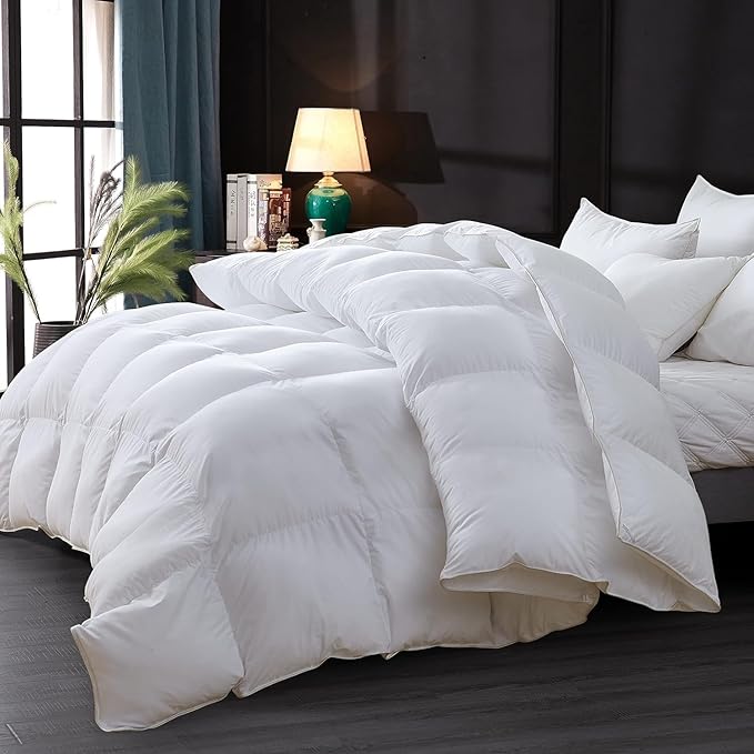 Luxurious Goose Down Feather Fiber Comforter Duvet Insert, Plain Solid Design,White 98 x 98, Premium Baffle Box 100% Egyptian Cotton, 70 oz Fill Weight,Oversize Queen