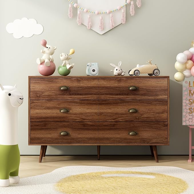 CARPETNAL Walnut Brown Dresser for Bedroom, 6 Drawer Dresser with Wide Drawers and Metal Knob, Wood Dressers & Chest of Hallway, Entryway. - Image 5