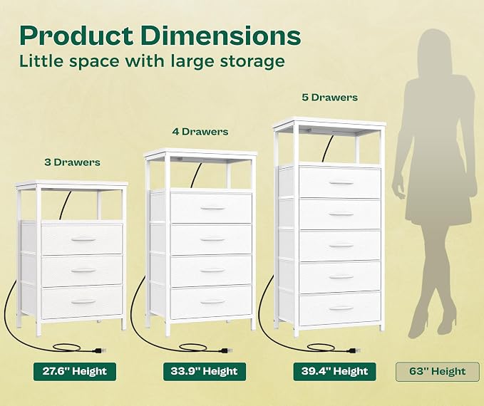 Huuger Night Stand with Charging Station, Multiple Drawer Dresser for Bedroom, Bedside Table, Tall Nightstand with PU Leather Finish, Open Shelf, End Table, for Closet, Entryway, Bedroom, White - Image 5