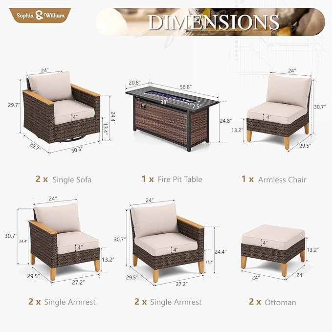 Sophia & William Patio Furniture Set with 56" Fire Pit Table & Swivel Chairs, 10 Piece Outdoor Sectional Furniture Wicker Modular Sofa Couch, Conversation Set for Deck Backyard Lawn, Beige