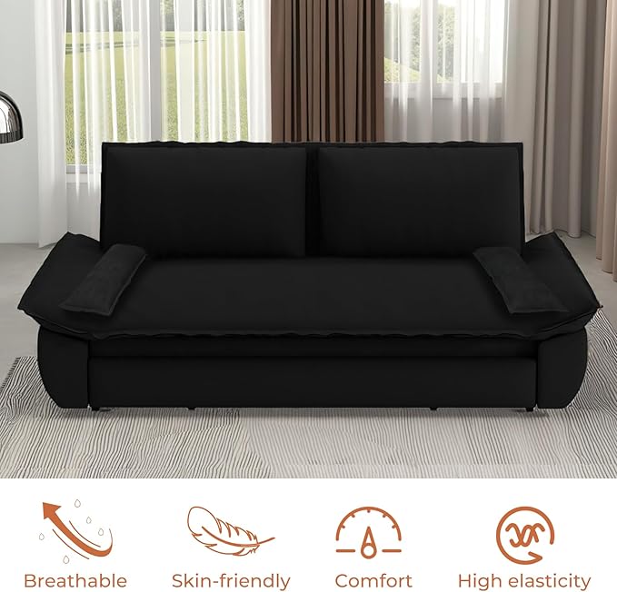 3 in 1 Convertible Sleeper Couch, Queen Full Size Loveseat Pull Out Sofa Bed, Futon Velvet Lounge Sofa with Pillows for Living Room, Bedroom, Apartment, Office, Black